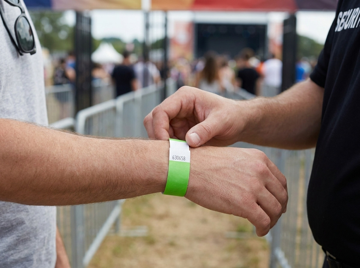 Personalul de securitate verificând brățara inviolabilă de identificare a unui participant la festival, la intrarea unui eveniment