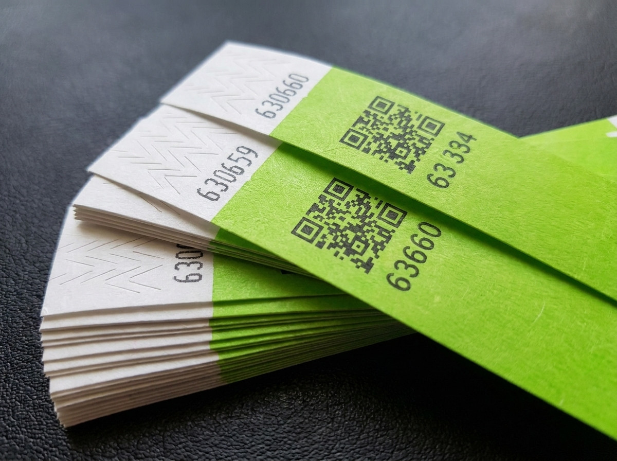 Teanc de brățări Tyvek personalizate cu cod QR și numerotare secvențială, cu închiderea inviolabilă vizibilă