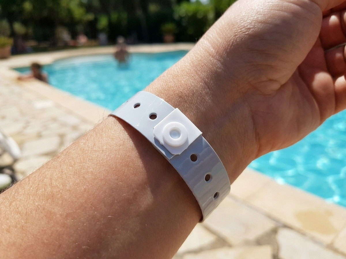 Bratara Tyvek discreta purtata la incheietura intr-un mediu naturist insorit, la marginea piscinei