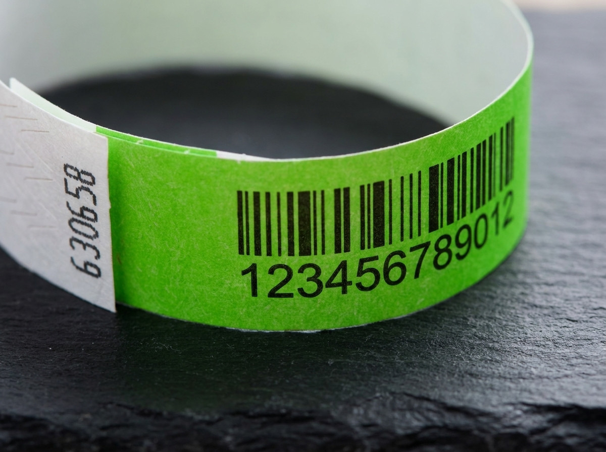 Prim-plan pe o brățară Tyvek imprimată cu un cod de bare Code 128 și un număr secvențial, așezată pe o suprafață întunecată