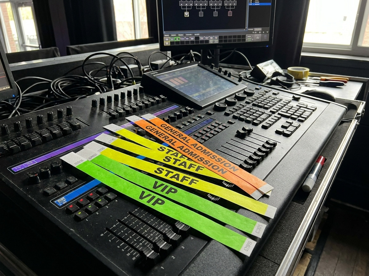 Bratari de concert personalizate din Tyvek, diferite culori pentru VIP, staff si public, asezate pe o masa de regie lumini in backstage
