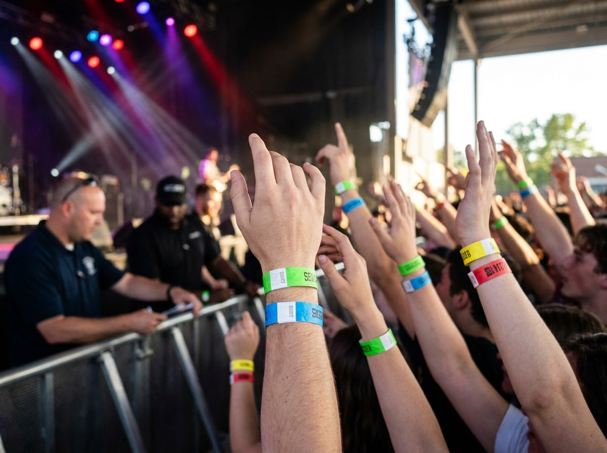 Bratari de identificare colorate purtate de spectatori in fosa la un concert, agenti de securitate verificand accesele in fundal