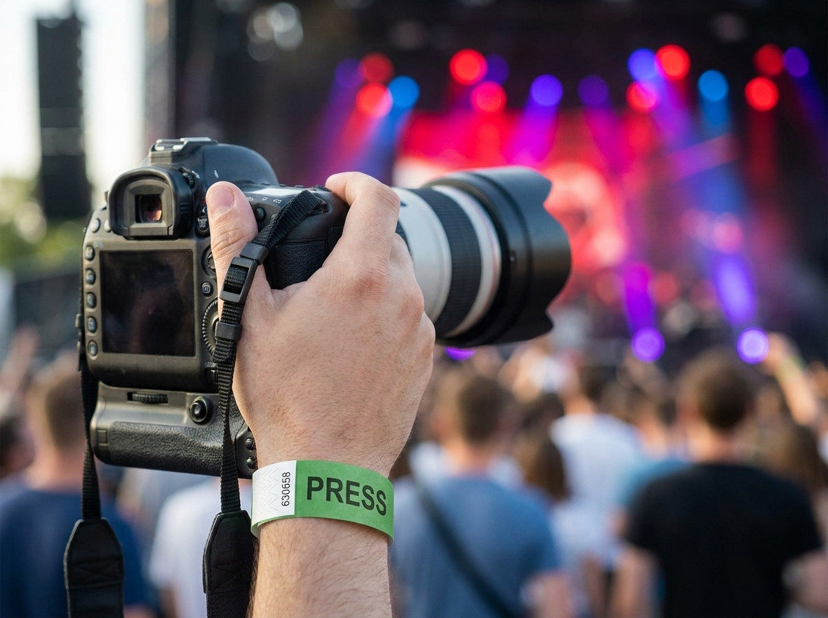 Fotograf in fosa purtand o bratara de presa personalizata in timpul unui concert
