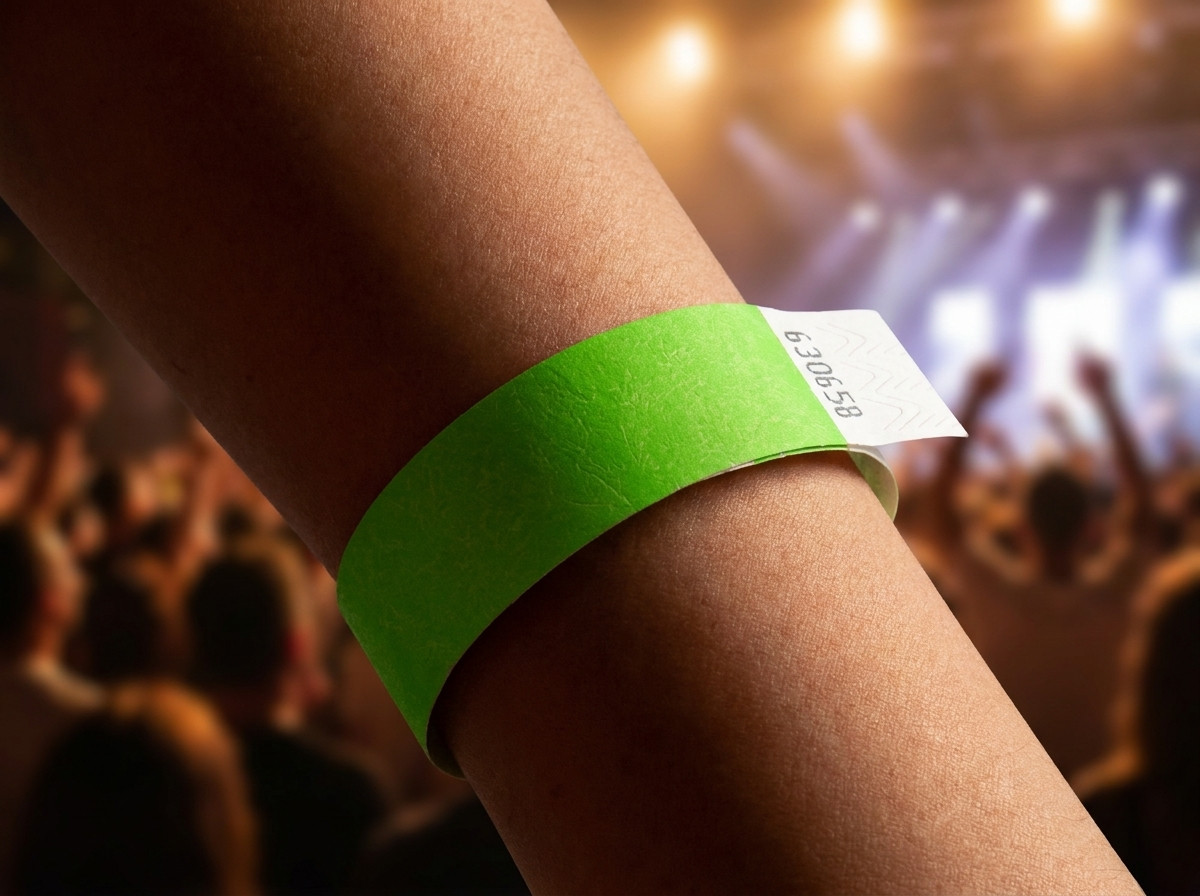 Prim-plan pe o bratara personalizata purtata la incheietura unui alergator de maraton, cu numarul de dosar si logo-ul evenimentului imprimate HD