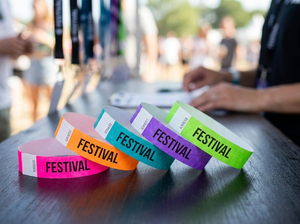 Bratari de festival personalizate din Tyvek multicolore cu imprimare HD si inchidere anti-transfer, asezate pe o masa de regie evenimentiala
