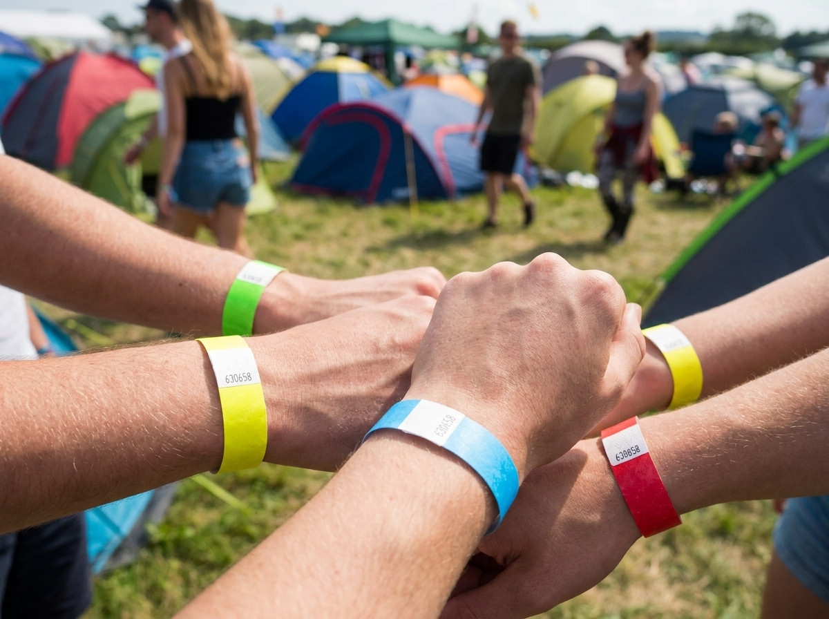 Bratari de identificare colorate purtate de festivalieri in fata unui camping in aer liber cu corturi in fundal