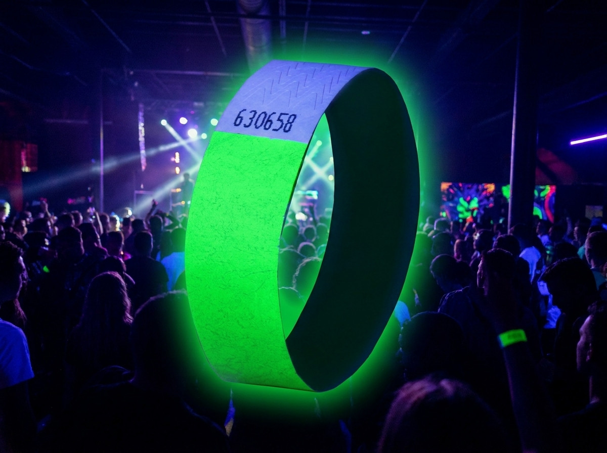 Bratari Tyvek fluo si reactive la lumina neagra pentru festival electro, cu logo si cod QR imprimate in inalta definitie