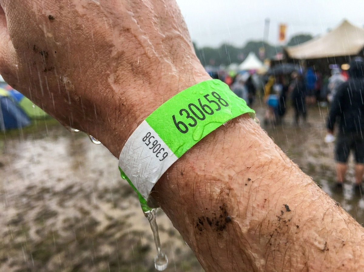 Prim-plan pe o bratara personalizata purtata la incheietura in timpul unui festival de mai multe zile sub ploaie, ramanand intacta si lizibila