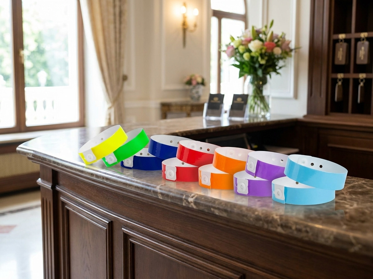 Bratari all-inclusive colorate asezate pe un ghiseu de receptie hoteliera, fiecare culoare reprezentand o formula de sejur diferita