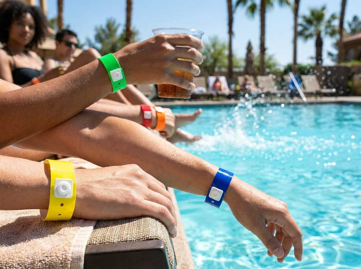 Bratari vinil colorate purtate la incheietura clientilor la marginea unei piscine exterioare de hotel insorite