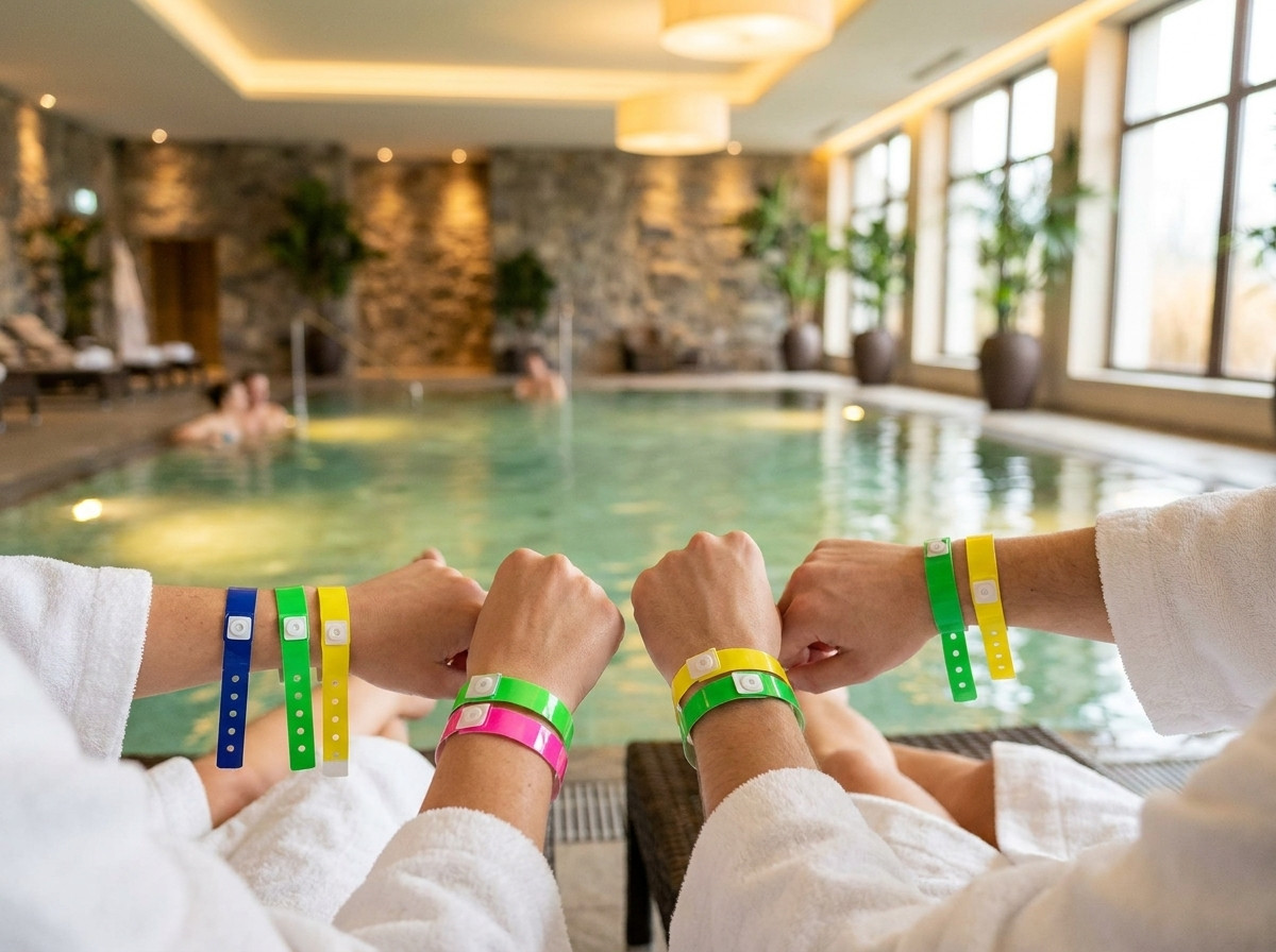 Bratari vinil colorate purtate la incheietura clientilor intr-un spatiu spa de hotel cu piscina interioara si lumini difuze