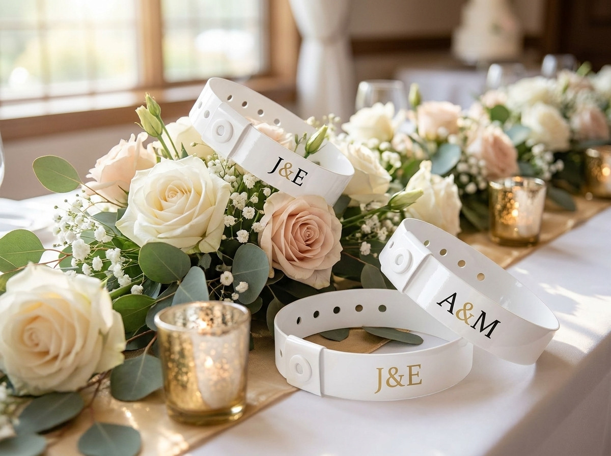 Bratari de nunta personalizate albe cu initiale aurii dispuse pe o masa de decoratiuni florale