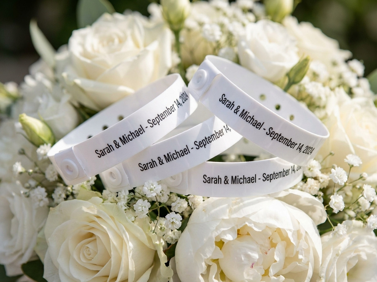 Bratari personalizate pentru ceremonia de nunta, albe, cu prenumele mirilor si data imprimate in auriu, asezate pe un buchet de flori albe