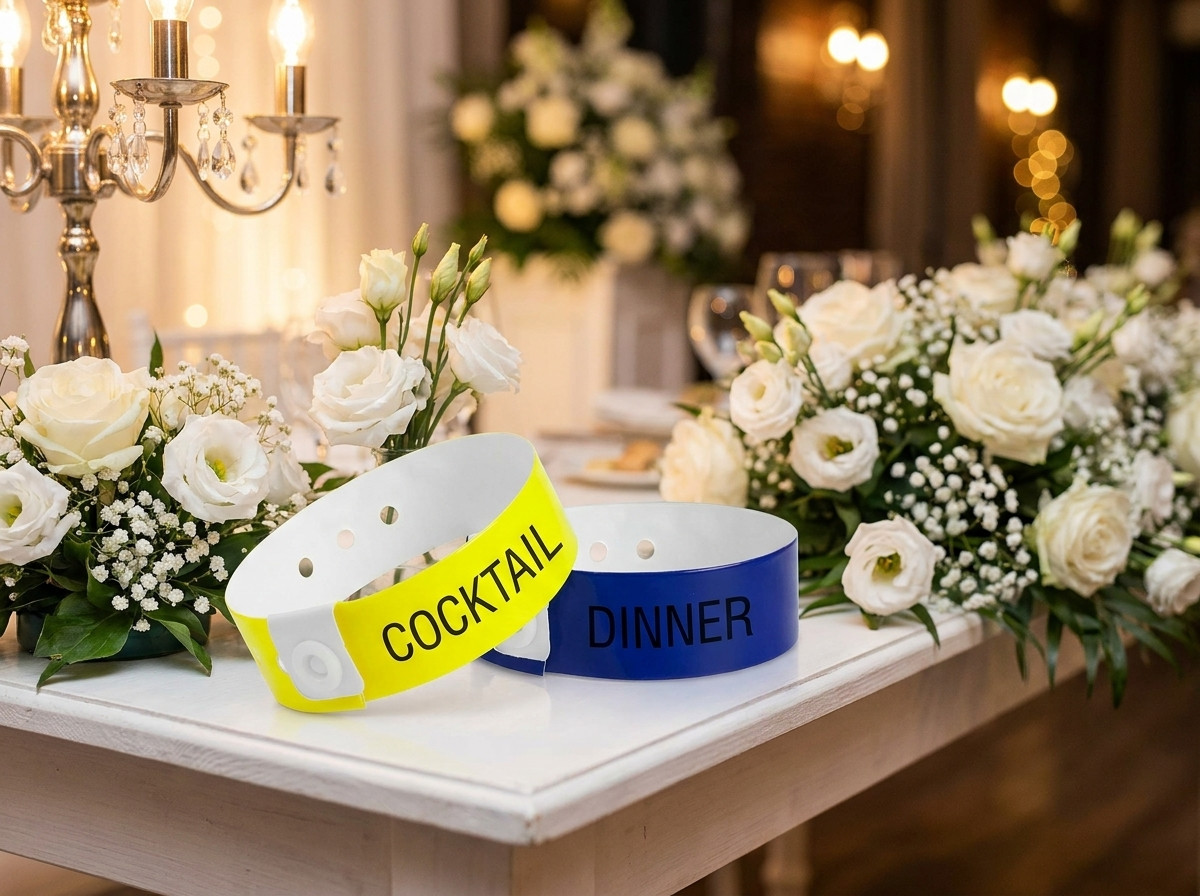 Doua tipuri de bratari de nunta asezate unul langa altul pe o masa de receptie decorata cu flori albe, ilustrand distinctia dintre cocktail si cina