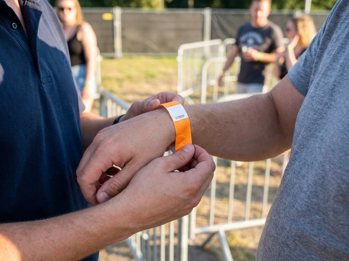 Personal de primire al unui festival aplicând o brățară de identificare numerotată la încheietura unui participant la intrare