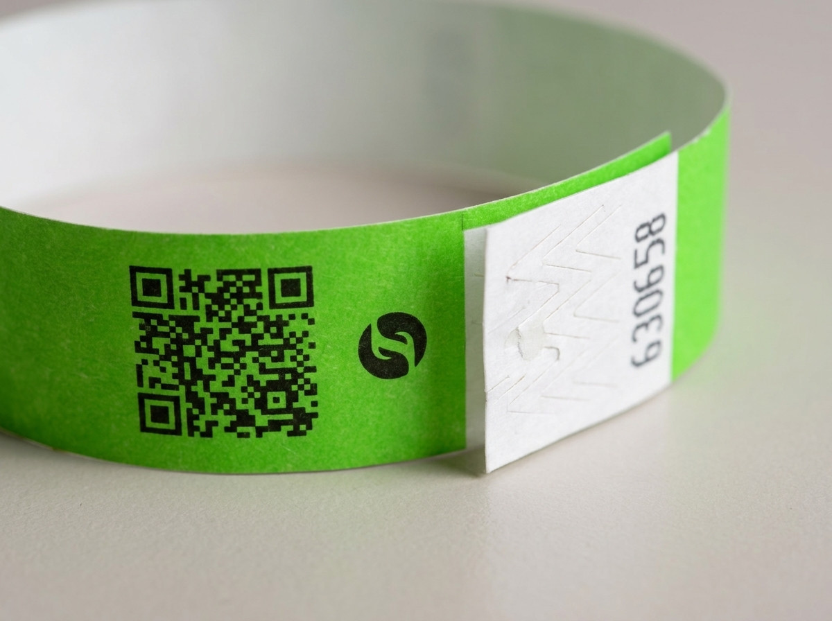 Prim-plan pe o bratara de identificare cu cod QR și logo imprimate în înaltă definiție