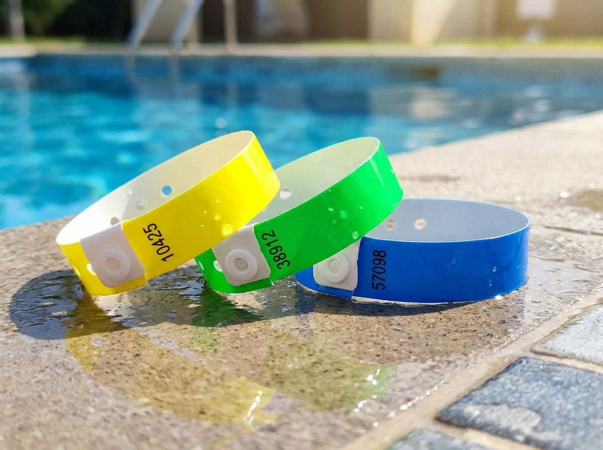 Bratari vinil PVC personalizate pentru abonament piscina, afisand numarul abonatului si cod QR, asezate pe marginea unui bazin