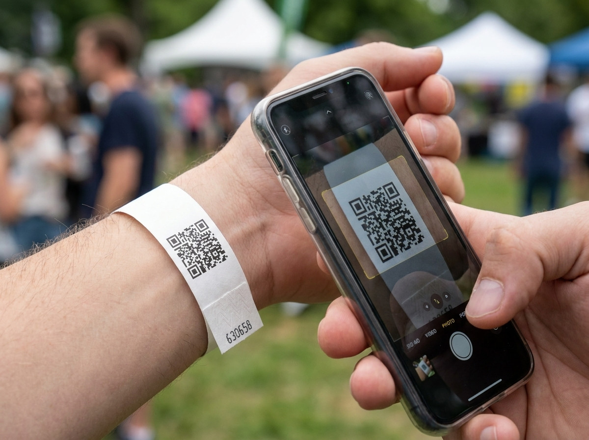 Prim-plan pe o brățară Tyvek albă cu cod QR imprimat în negru, scanată de un smartphone în cadrul unui control de acces la intrarea unui festival