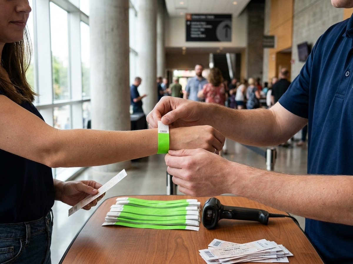Masă de control al accesului la un festival, cu brățări Tyvek cu cod QR stivuite gata de distribuit și un agent care scanează încheietura unui participant cu un telefon
