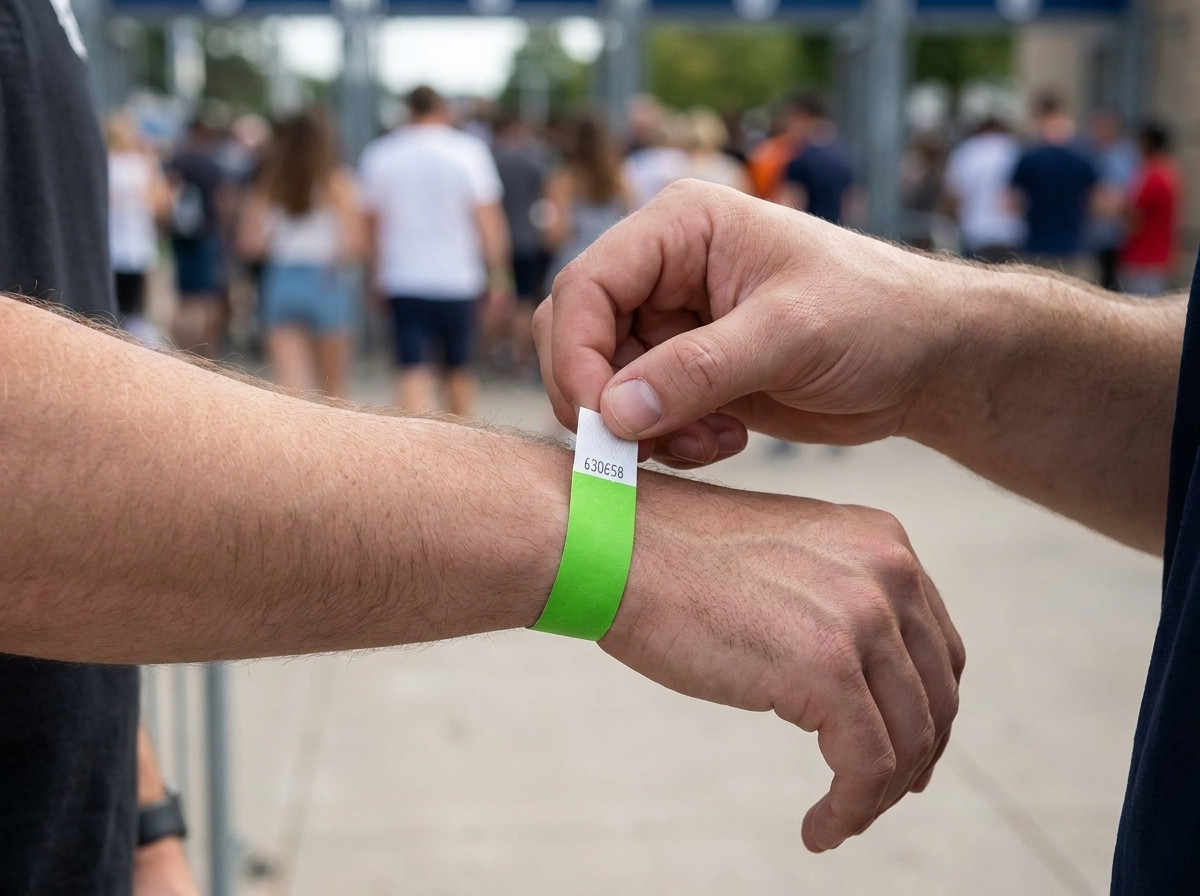 Agent de securitate verificând brățări anti-transfer la intrarea unui mare festival în aer liber, cu mulțime vizibilă în fundal