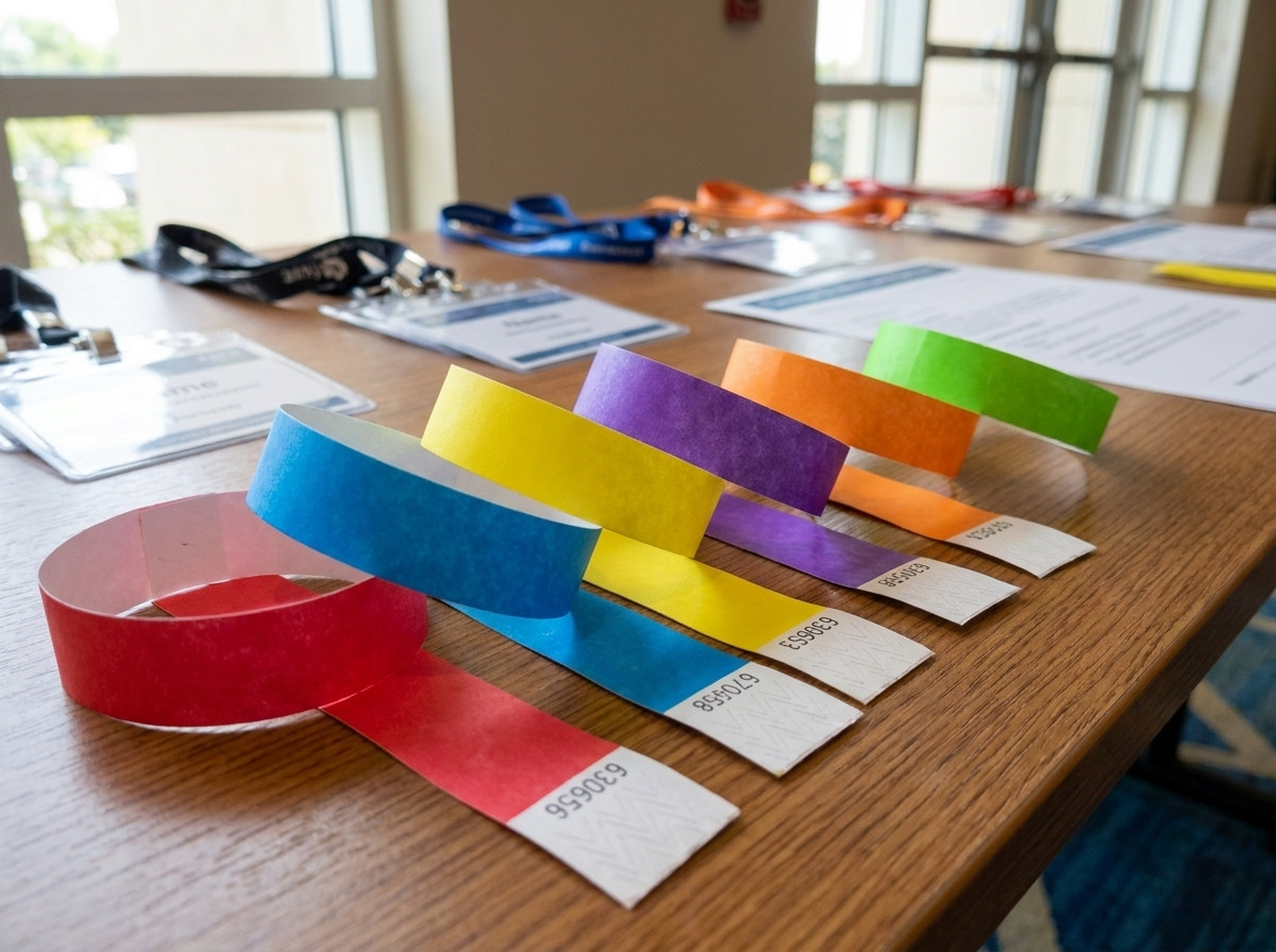Brățări de identificare personalizate așezate pe o masă de acreditare în cadrul unui congres profesional de mai multe zile, cu logo-uri și coduri de culori distincte pe tip de acces