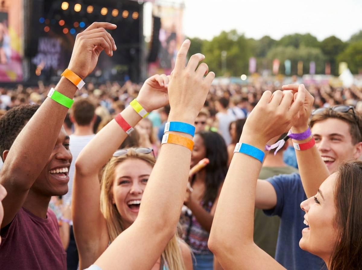 Bracelete Tyvek colorate purtate de participanti la festival in timpul unui concert in aer liber, ilustrand rezistenta si confortul lor