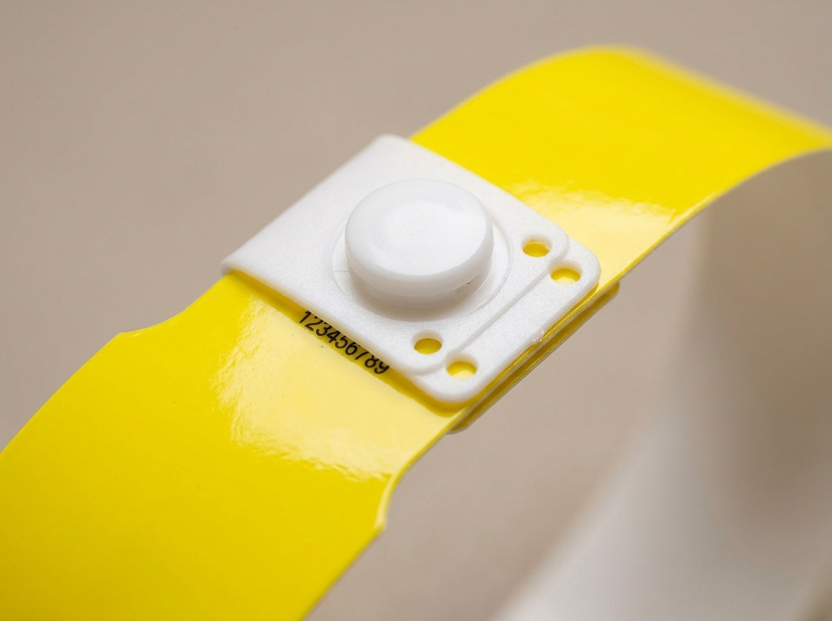 Prim-plan al unei brățări din plastic cu închizătoare tip snap, material rigid și durabil